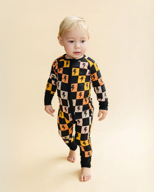Bamboo Zip Romper | Colorful Checks + Bolts