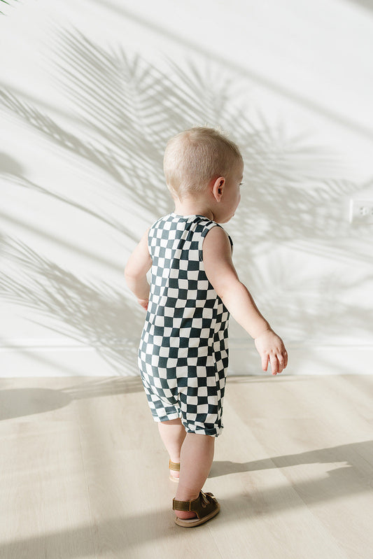 Charcoal Wavy Checkered Short Romper