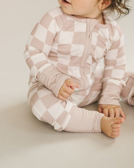 Bamboo Zip Romper | Latte Checkered