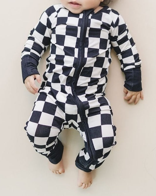 Bamboo Zip Romper | Black Checkered