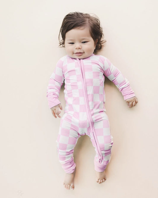 Bamboo Zip Romper | Pink Checkered