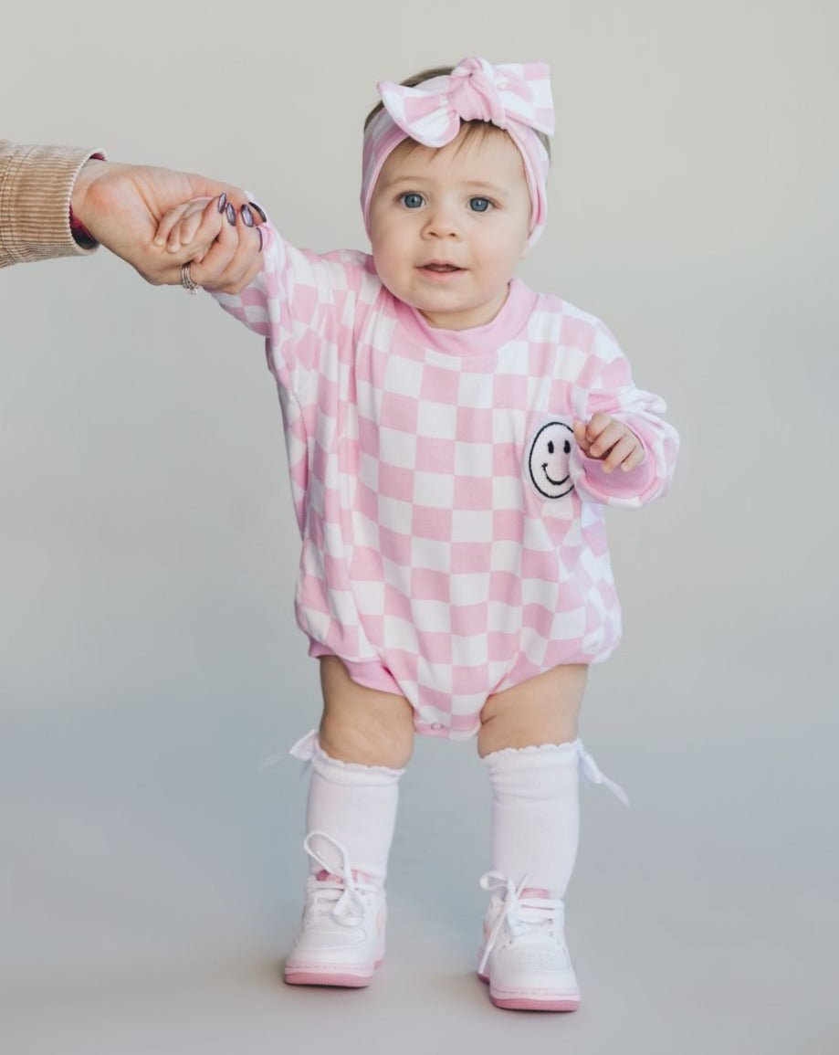 Bubble Romper | Checkered Smiley Pink