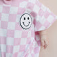 Short Sleeve Bubble Romper | Checkered Smiley Pink