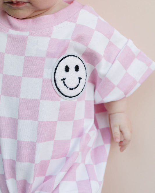 Short Sleeve Bubble Romper | Checkered Smiley Pink