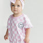 Short Sleeve Bubble Romper | Checkered Smiley Pink