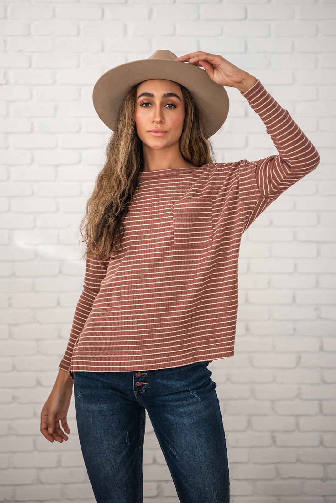 Keep it Casual Ribbed Striped Top - Rust + Ivory
